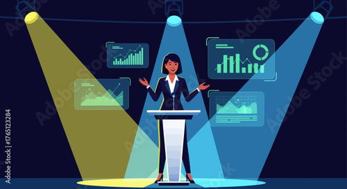 Businesswoman giving presentation on stage with data charts.