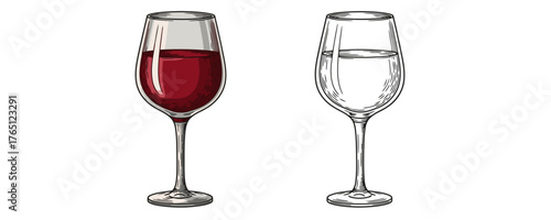 Vintage engraved vector illustration of two wine glasses: one with red liquid and one with transparent liquid, hand drawn sketch style art