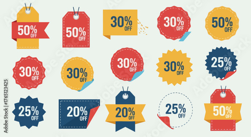 Collection of Colorful Discount and Sale Tags with Various Percentage Off Offers.