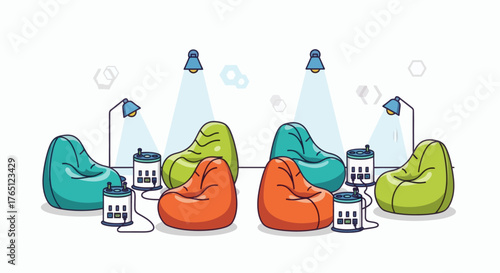 Colorful Beanbag Chairs in a Relaxing Workspace Illustration.