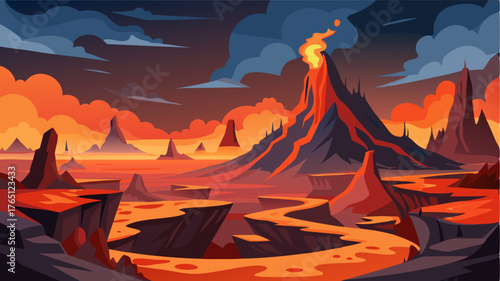 A landscape frozen in time with frozen lava flows creating a chaotic and bewildering terrain. The silence is only broken by the sound of steam escaping from vents in the ground.