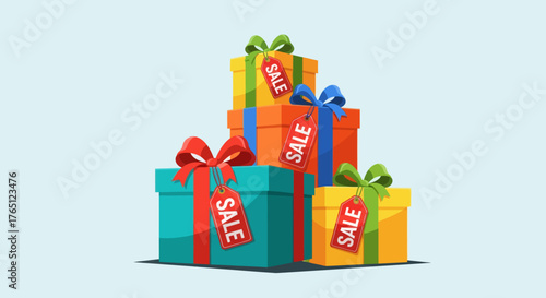 Colorful Stack of Gift Boxes with Sale Tags Perfect for Holiday Shopping and Special Occasions.
