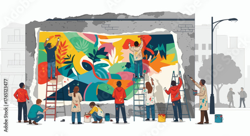Community Art Project Diverse Group Collaborating on a Vibrant Outdoor Mural.