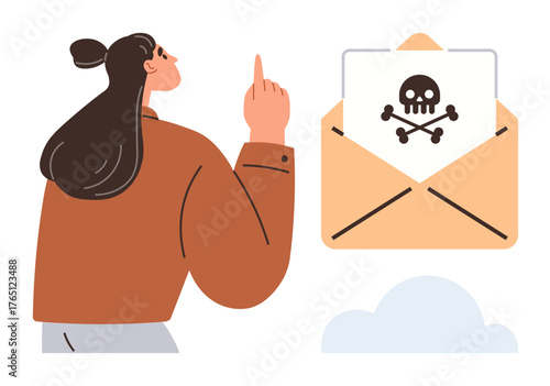 Woman raising her finger in warning near an envelope showcasing a skull and crossbones. Ideal for phishing awareness, cybersecurity, digital threats, malware attack, caution signs, online safety