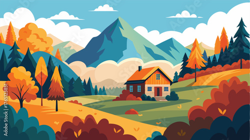 An alpine meadow blanketed in a sea of colorful fall foliage with a charming cottage nestled in the midst of the vibrant scenery.