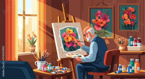 Elderly Man Painting Flowers in a Bright Art Studio.