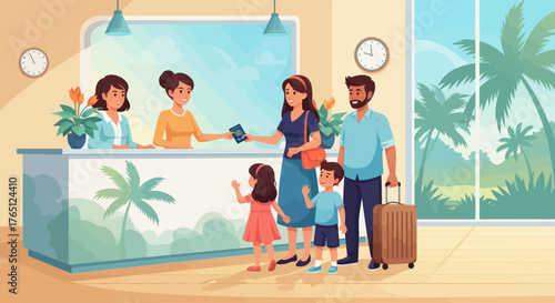 Family Checking In at Tropical Resort Reception.