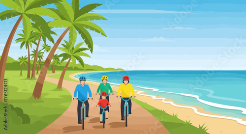 Family Cycling on a Tropical Beach Vacation.
