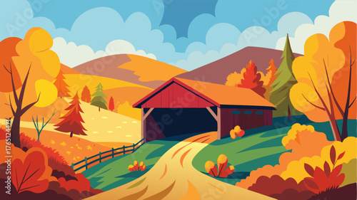 A quaint covered bridge nestled in a valley of rolling hills surrounded by vibrant autumn foliage.