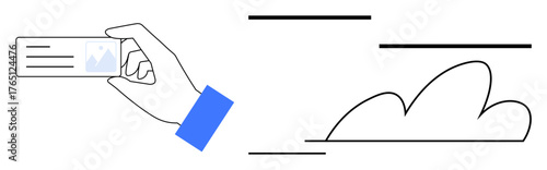 Hand holding a card, lines symbolizing communication, cloud implying data storage and sharing. Ideal for digital identity, networking, cloud storage, business, communication, technology connection