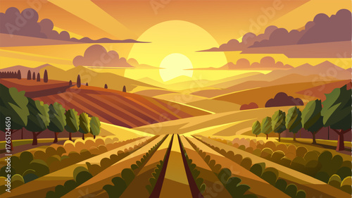 A golden sunset the vineyard in a warm glow casting long shadows across the rolling landscape.