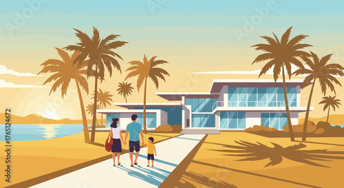 Family Vacation at Beachfront Villa with Palm Trees.