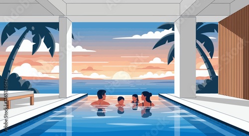 Family Vacation in Tropical Pool with Ocean View.