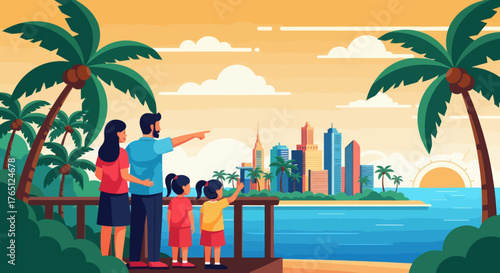Family Vacation on Tropical Island Overlooking City Skyline.