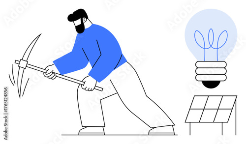Man using pickaxe symbolizing effort, innovation adjacent solar panel and glowing lightbulb portraying renewable energy, sustainability. Ideal for energy, hard work, eco solutions, innovation