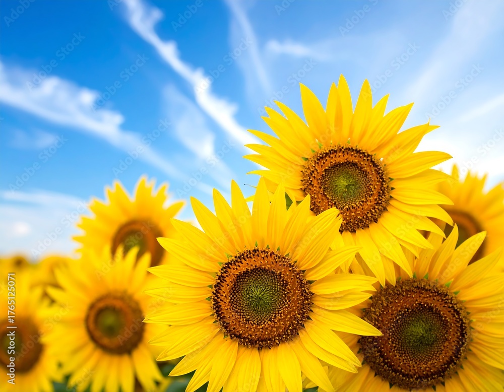 Fototapeta premium Close-up view of vibrant yellow sunflowers against a bright blue sky with wispy clouds