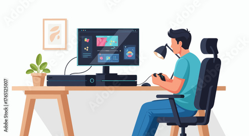 Gamer Focused on Screen During Gaming Session.