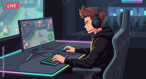 Gamer Focused on Screen During Live Stream.