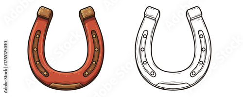 Vector illustration of an old red and brown horseshoe in cartoon style, isolated black and white sketch and colorful hand drawn art on white background
