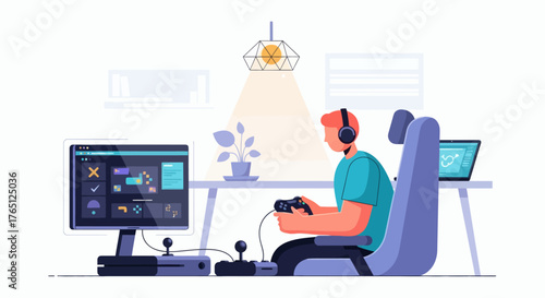 Gamer Immersed in Virtual World.