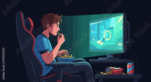 Gamer Immersed in Virtual World While Snacking.