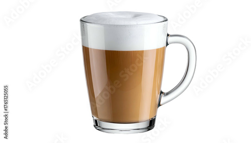 A tall clear glass mug filled with layers of coffee and topped with foamy white milk