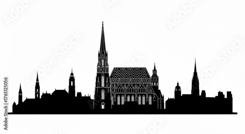 Silhouette of a city skyline featuring prominent church spires and gothic architecture details visible