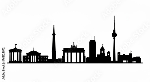Silhouette of berlin cityscape featuring famous landmarks and architectural structures depicted in black