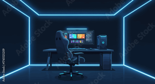 Gaming Setup with Neon Lights in Dark Room.