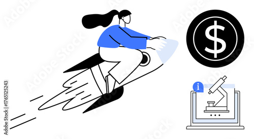Woman on rocket symbolizes progress and ambition, microscope implies scientific discovery, and dollar coin suggests financial success. Ideal for entrepreneurship, research, startups, investment