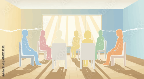 Group Therapy Session with Diverse Individuals in a Bright Room.