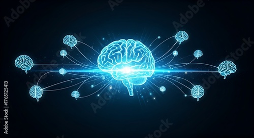 Collective intelligence concept. Multiple brain icons are connected to a central holographic brain, which becomes brighter as it receives more input.