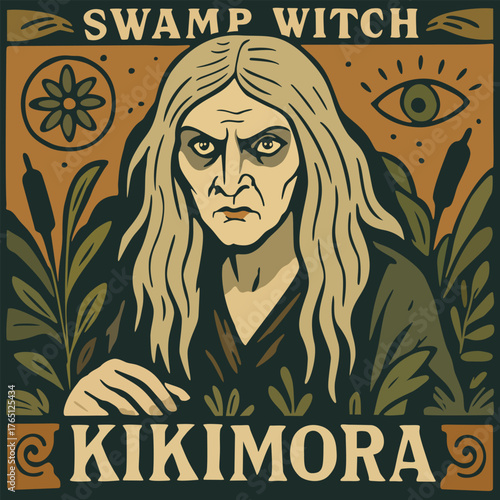 Kikimora. Swamp witch. Mistress of marsh. Vector vintage poster