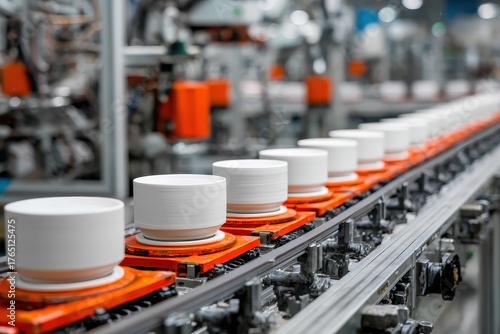 White ceramic bowls move on a factory conveyor belt. Use for industry, manufacturing or process automation concepts.