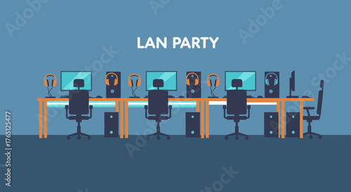LAN Party Setup Computers and Desks for Gaming Event.