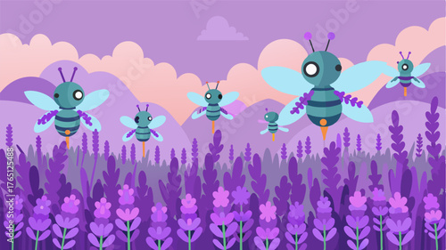 A field of lavender is teeming with tiny robotic pollinators moving from flower to flower with incredible precision thanks to AI programming.. Vector illustration