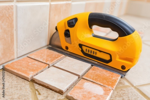 Wallpaper Mural Compact tile cutter positioned beside freshly arranged ceramic tiles showcasing interlocking design elements highlighting craftsmanship in home renovation endeavors Torontodigital.ca