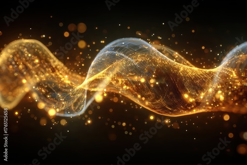 Golden glowing waves float on black with shining particle bokeh. Use it for abstract tech or luxury themed designs with dynamic mood.