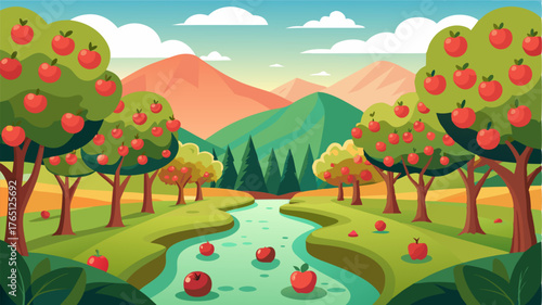 A lush landscape of a countryside orchard filled with rows of apple trees heavy with ripe rosy fruit and a peaceful pond at its center.