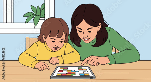 Mother and Child Engaging with Tablet Game.