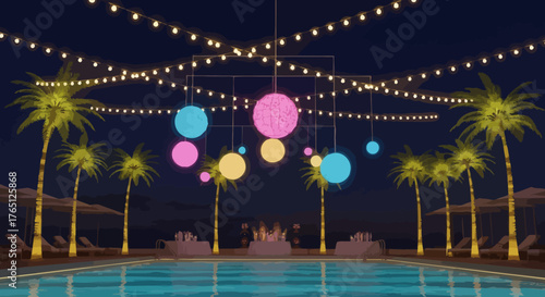 Nighttime Pool Party with Lights and Palm Trees.