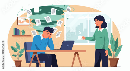 Overwhelmed Employee with Piles of Paperwork and a Supportive Colleague.