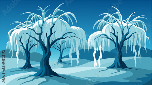 A of sy arctic willow trees their twisted branches coated with a layer of frost.