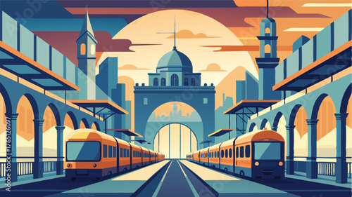 A majestic train station in the middle of a bustling metropolis featuring soaring arches marble floors and elegant chandeliers.