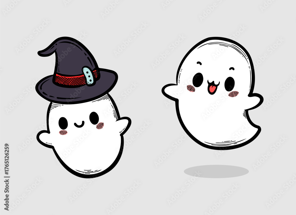 Fototapeta premium Cute Ghosts Set Funny Kawaii Spooky Character Design Hand Drawn Style
