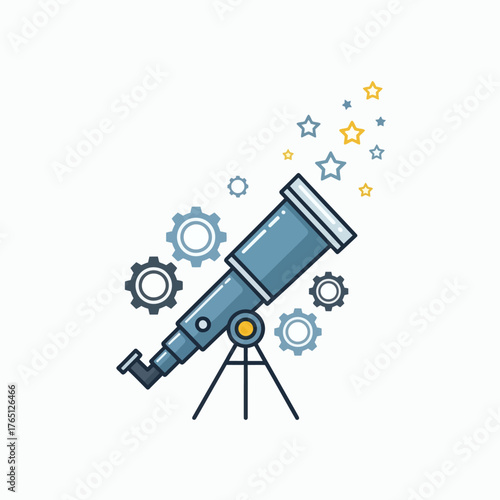 Telescope with Stars and Gears Illustrating Scientific Discovery and Exploration.