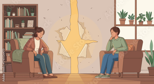 Therapy session with two women discussing mental health and wellbeing.