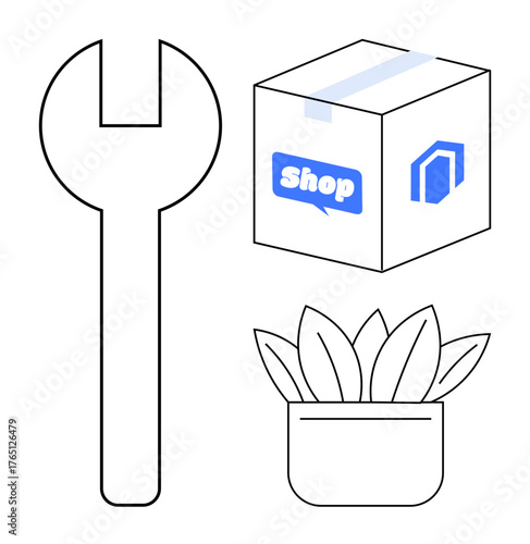Wrench tool, package with shop label, and potted plant for home, e-commerce, craftsmanship, repair, delivery, gardening retail marketing. Ideal for DIY projects logistics or decor simple flat