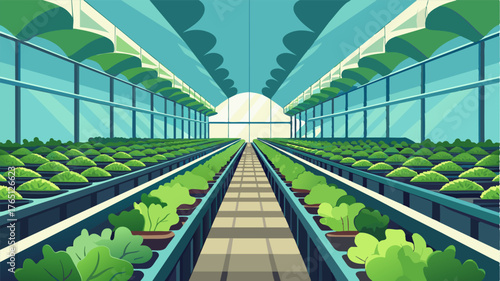 A greenhouse packed with rows of leafy greens has its sorting process optimized by AI ensuring only the freshest and healthiest produce is available for sale.. Vector illustration