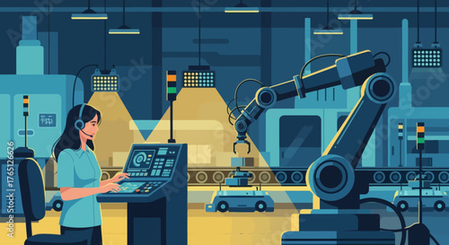 Woman Engineer Overseeing Automated Manufacturing Process in Modern Factory.